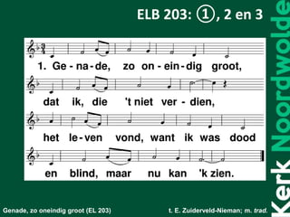 Genade, zo oneindig groot (EL 203) t. E. Zuiderveld-Nieman; m. trad.
ELB 203: ①, 2 en 3
 