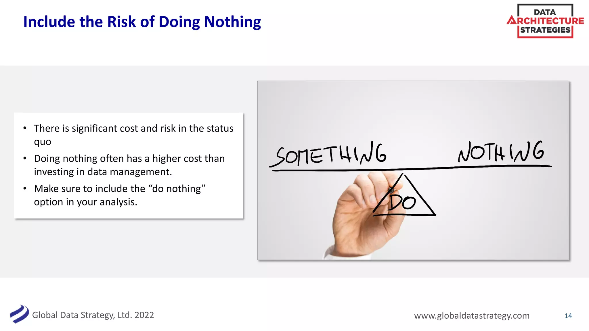 Global Data Strategy, Ltd. 2022 www.globaldatastrategy.com
Include the Risk of Doing Nothing
14
• There is significant cost and risk in the status
quo
• Doing nothing often has a higher cost than
investing in data management.
• Make sure to include the “do nothing”
option in your analysis.
 