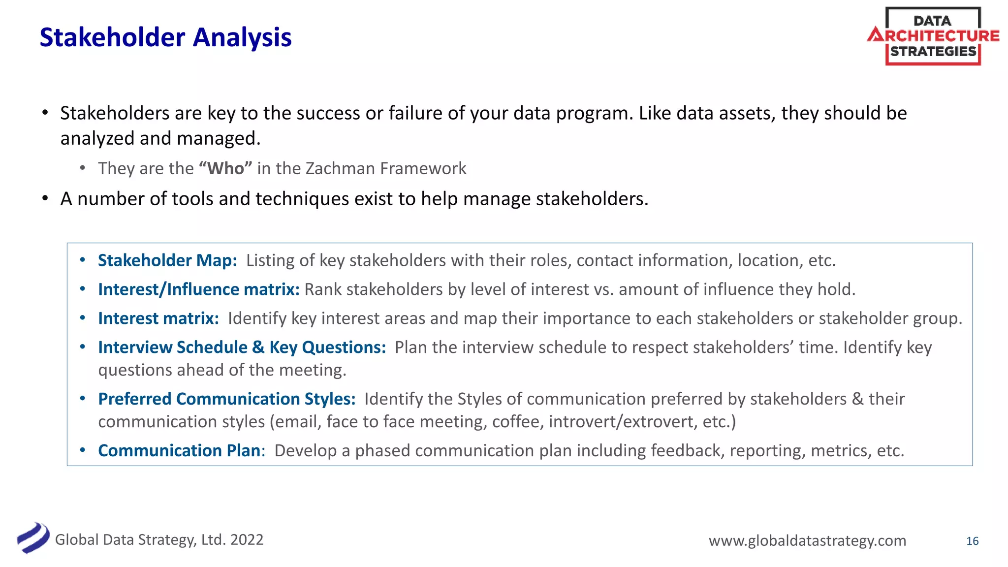 Global Data Strategy, Ltd. 2022 www.globaldatastrategy.com
Stakeholder Analysis
16
• Stakeholders are key to the success or failure of your data program. Like data assets, they should be
analyzed and managed.
• They are the “Who” in the Zachman Framework
• A number of tools and techniques exist to help manage stakeholders.
• Stakeholder Map: Listing of key stakeholders with their roles, contact information, location, etc.
• Interest/Influence matrix: Rank stakeholders by level of interest vs. amount of influence they hold.
• Interest matrix: Identify key interest areas and map their importance to each stakeholders or stakeholder group.
• Interview Schedule & Key Questions: Plan the interview schedule to respect stakeholders’ time. Identify key
questions ahead of the meeting.
• Preferred Communication Styles: Identify the Styles of communication preferred by stakeholders & their
communication styles (email, face to face meeting, coffee, introvert/extrovert, etc.)
• Communication Plan: Develop a phased communication plan including feedback, reporting, metrics, etc.
 