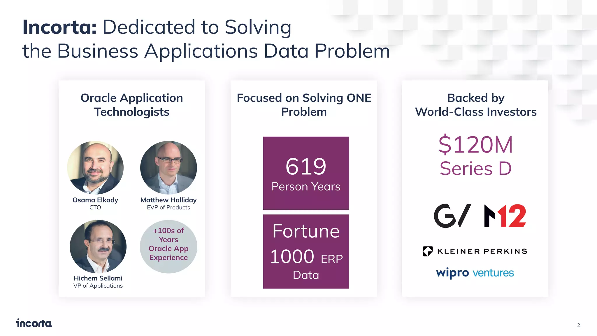 Incorta: Dedicated to Solving
the Business Applications Data Problem
Backed by
World-Class Investors
$120M
Series D
Oracle Application
Technologists
Osama Elkady
CTO
Hichem Sellami
VP of Applications
Matthew Halliday
EVP of Products
Focused on Solving ONE
Problem
619
Person Years
Fortune
1000 ERP
Data
+100s of
Years
Oracle App
Experience
2
 