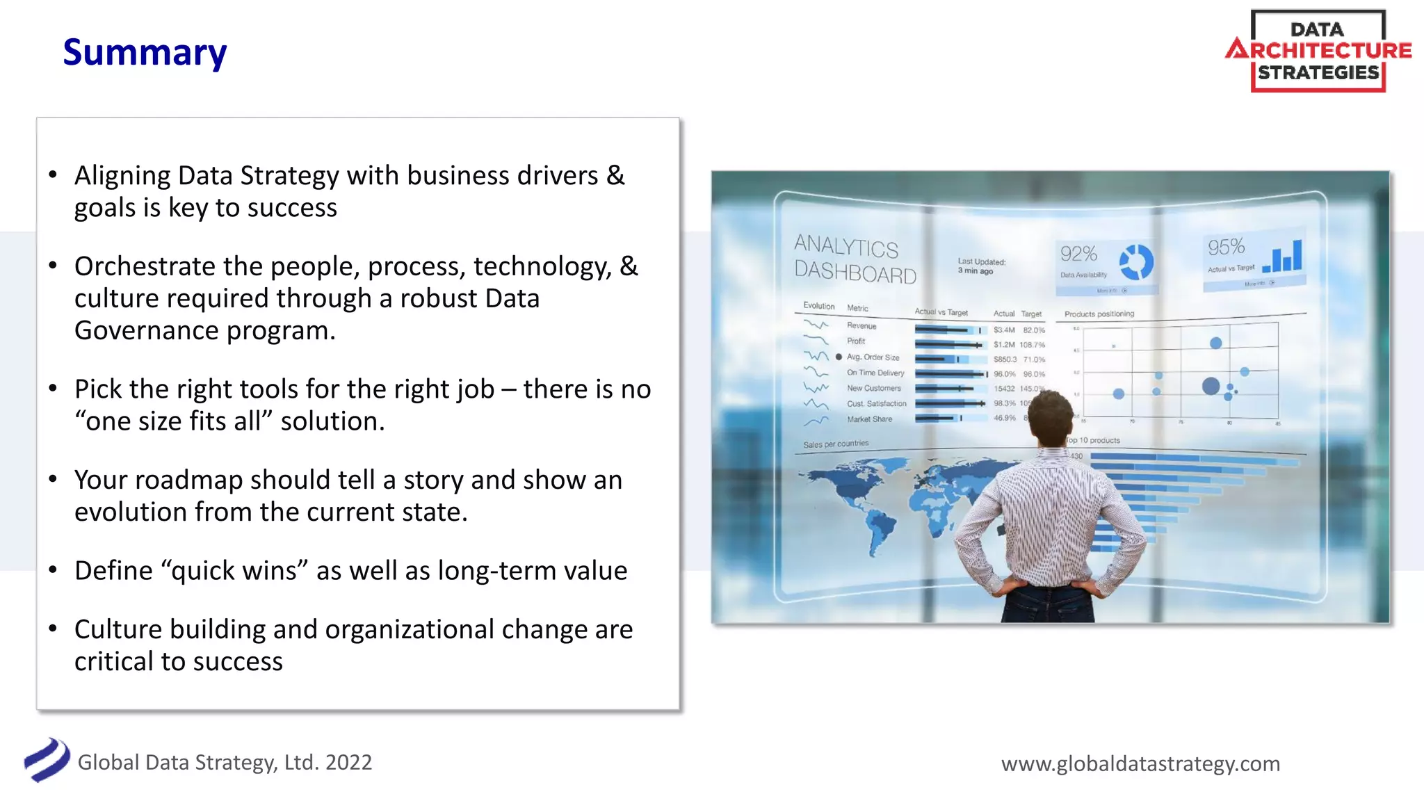 Global Data Strategy, Ltd. 2022 www.globaldatastrategy.com
Summary
• Aligning Data Strategy with business drivers &
goals is key to success
• Orchestrate the people, process, technology, &
culture required through a robust Data
Governance program.
• Pick the right tools for the right job – there is no
“one size fits all” solution.
• Your roadmap should tell a story and show an
evolution from the current state.
• Define “quick wins” as well as long-term value
• Culture building and organizational change are
critical to success
 