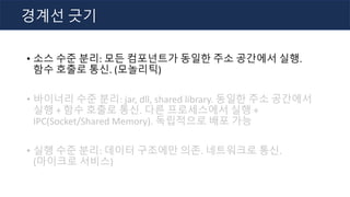 • 소스 수준 분리: 모든 컴포넌트가 동일한 주소 공간에서 실행.
함수 호출로 통신. (모놀리틱)
• 바이너리 수준 분리: jar, dll, shared library. 동일한 주소 공간에서
실행 + 함수 호출로 통신. 다른 프로세스에서 실행 +
IPC(Socket/Shared Memory). 독립적으로 배포 가능
• 실행 수준 분리: 데이터 구조에만 의존. 네트워크로 통신.
(마이크로 서비스)
경계선 긋기
 