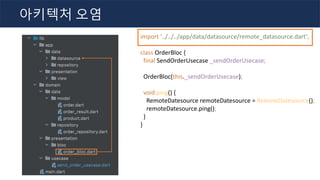 import '../../../app/data/datasource/remote_datasource.dart';
class OrderBloc {
final SendOrderUsecase _sendOrderUsecase;
OrderBloc(this._sendOrderUsecase);
void ping() {
RemoteDatesource remoteDatesource = RemoteDatesource();
remoteDatesource.ping();
}
}
아키텍처 오염
 