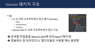 • lib
• src ß 외부 프로젝트에서 접근 불가 (private)
• data
• presentation
• usecase
• domain.dart ß 외부 프로젝트에서 접근 가능
è 공개할 파일들을 domain.dart에 모두export 해야 함
è 캡슐화는 잘 되어있으나, 멀티모듈로 사용할 때는 불편함
Domain 패키지 구조
 