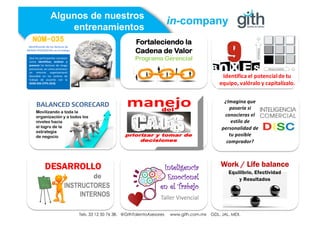 Tels. 01 33 12 50 76 38. @GithTalentoAsesores www.gith.com.mx GDL. JAL. MEX.
Algunos de nuestros
entrenamientos
in-company
Fortaleciendo la
Cadena de Valor
Programa Gerencial
Inteligencia
Emocional
en el Trabajo
Taller Vivencial
DESARROLLO
de
INSTRUCTORES
INTERNOS
BALANCED SCORECARD
Movilizando a toda la
organización y a todos los
niveles hacia
el logro de la
estrategia
de negocio
Work / Life balance
Equilibrio, Efectividad
y Resultados
¿Imagina que
pasaría si
conocieras el
estilo de
personalidad de
tu posible
comprador?
manejo		
del
priorizar y tomar de
decisiones
POTENCIAL	
RESULTADOS	
Identifica el	potencialde	tu
equipo,	valóralo y	capitalízalo.
Que los participantes conozcan
como identificar, analizar y
prevenir los factores de riesgo
psicosocial, así como promover
un entorno organizacional
favorable en los centros de
trabajo de acuerdo con la
NOM-035-STPS-2018.
Identificación de los factores de
RIESGO PSICOSOCIAL en el trabajo
Tels. 33 12 50 76 38. @GithTalentoAsesores www.gith.com.mx GDL. JAL. MEX.
 