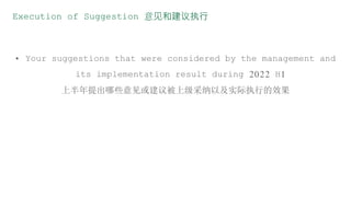 Execution of Suggestion 意见和建议执行
• Your suggestions that were considered by the management and
its implementation result during 2022 H1
上半年提出哪些意见或建议被上级采纳以及实际执行的效果
 