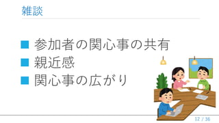/ 36
雑談
 参加者の関心事の共有
 親近感
 関心事の広がり
12
 