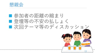 / 36
懇親会
 参加者の距離の縮まり
 登壇等の不安の払しょく
 次回テーマ等のディスカッション
13
 