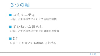 / 36
３つの軸
 コミュニティ
> 新しい生活様式に合わせて活動の継続
 ていねいな暮らし
> 新しい生活様式に合わせた健康的な食事
 C#
> コードを書いて GitHub に上げる
8
 