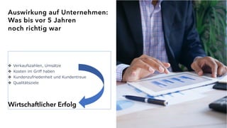 Auswirkung auf Unternehmen:
Was bis vor 5 Jahren
noch richtig war
v Verkaufszahlen, Umsätze
v Kosten im Griff haben
v Kundenzufriedenheit und Kundentreue
v Qualitätsziele
Wirtschaftlicher Erfolg
 