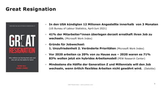 4
- In den USA kündigten 12 Milionen Angestellte innerhalb von 3 Monaten
(US Bureau of Labour Statistics, April-Juni 2021)
- 41% der Mitarbeiter*innen überlegen derzeit ernsthaft ihren Job zu
wechseln. (Microsoft Work Index)
- Gründe für Jobwechsel:
1. Unzufriedenheit 2. Veränderte Prioritäten (Microsoft Work Index)
- Vor 2020 arbeiten ca 20% von zu Hause aus – 2020 waren es 71%
83% wollen jetzt ein hybrides Arbeitsmodell (PEW Research Center)
- Mindestens die Hälfte der Generation Z und Millennials will den Job
wechseln, wenn örtlich flexibles Arbeiten nicht gewährt wird. (Deloitte)
IAW Masterclass | www.grobner.com
Great Resignation
 