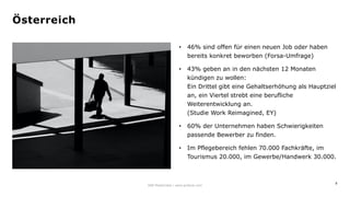 8
• 46% sind offen für einen neuen Job oder haben
bereits konkret beworben (Forsa-Umfrage)
• 43% geben an in den nächsten 12 Monaten
kündigen zu wollen:
Ein Drittel gibt eine Gehaltserhöhung als Hauptziel
an, ein Viertel strebt eine berufliche
Weiterentwicklung an.
(Studie Work Reimagined, EY)
• 60% der Unternehmen haben Schwierigkeiten
passende Bewerber zu finden.
• Im Pflegebereich fehlen 70.000 Fachkräfte, im
Tourismus 20.000, im Gewerbe/Handwerk 30.000.
IAW Masterclass | www.grobner.com
Österreich
 