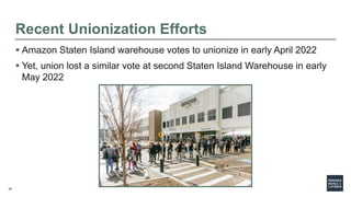 38
Recent Unionization Efforts
 Amazon Staten Island warehouse votes to unionize in early April 2022
 Yet, union lost a ...