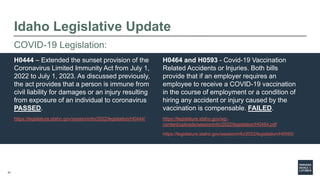 41
Idaho Legislative Update
H0444 – Extended the sunset provision of the
Coronavirus Limited Immunity Act from July 1,
202...