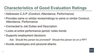 20
Characteristics of Good Evaluation Ratings
 Addresses C.A.P. (Conduct, Attendance, Performance)
 Provides same or sim...