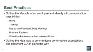 23
Best Practices
 Outline the lifecycle of an employee and identify all communication
possibilities:
o Hiring
o Training...
