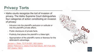 Privacy Torts
 Idaho courts recognize the tort of invasion of
privacy. The Idaho Supreme Court distinguishes
four categor...
