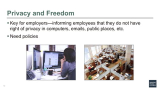 Privacy and Freedom
 Key for employers—informing employees that they do not have
right of privacy in computers, emails, p...