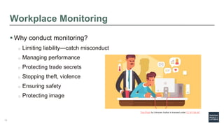 Workplace Monitoring
 Why conduct monitoring?
o Limiting liability—catch misconduct
o Managing performance
o Protecting t...