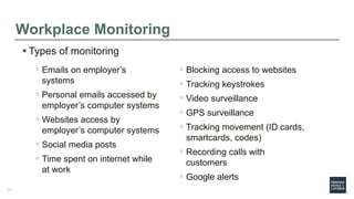 Workplace Monitoring
 Types of monitoring
◦ Emails on employer’s
systems
◦ Personal emails accessed by
employer’s compute...