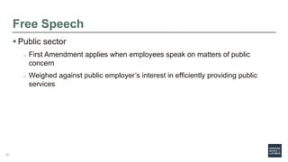 Free Speech
 Public sector
o First Amendment applies when employees speak on matters of public
concern
o Weighed against ...