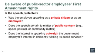 51
Be aware of public-sector employees’ First
Amendment rights
Is the speech protected?
• Was the employee speaking as a p...