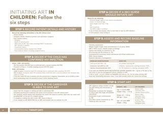 52 ANTI-RETROVIRAL THERAPY (ART)
INITIATING ART IN
CHILDREN: Follow the
six steps
STEP 1: RECORD PATIENT DETAILS AND HISTORY
Record the following information in the HIV clinical chart.
• Patient details.
• Caregiver details: Details of primary and secondary caregiver.
• Past medical history:
- Allergies
- Mode of transmission
- ARVs prior to ART start date including PMTCT prophylaxis
- ART transfer in details
- Disclosure status
- Immunisation status (update from RTHB)
- Past medical history including surgical history
STEP 2: DECIDE IF THE CHILD HAS
CONFIRMED HIV INFECTION
Infant/ child <18 months:
The first positive HIV PCR test is confirmed with a second positive HIV PCR
• Proceed to Steps 3 - 6 whilst awaiting second HIV PCR result
Child >18 months:
Under 2 years: A positive rapid HIV antibody test is confirmed with a positive HIV PCR
Over 2 years: A positive rapid HIV antibody tests confirmed with a second positive HIV antibody test
(rapid or ELISA)
• If the first rapid HIV test is positive and the second test is negative (discordant), do an ELISA or refer
• Send outstanding tests but proceed to step 3 while awaiting results
STEP 3: DECIDE IF THE CAREGIVER
IS ABLE TO GIVE ART
• Check that the caregiver is willing and able to administer ART
• Complete psychosocial readiness and social record sections in the HIV clinical chart
• The caregiver should ideally have disclosed the child’s HIV status to another adult who can assist with
providing ART (or be part of a support group)
• If caregiver is willing and able to give ART, move to Step 4
• If not, classify as HIV INFECTION not on ART, and provide care as outlined on p 50
STEP 4: DECIDE IF A IMCI NURSE
SHOULD INITIATE ART
Check for the following:
- General danger signs or any severe classification
- Infant <1 month of age
- Child weighs less than 3 kg
- TB
- Fast breathing
- Any WHO stage 4 condition
• If any of these are present, refer to next level of care for ART initiation
• If none present, move to Step 5
STEP 5: ASSESS AND RECORD BASELINE
INFORMATION
• Nutrition assessment:
• Weight, height/length, head circumference (if <2 years), MUAC
• BMI or WFH z-score. Classify based on findings
• Assess and classify for anaemia (p. 31)
• TB screening and TB contacts (p. 33)
• Developmental screening, school attendance and school performance
• WHO clinical staging
• Baseline laboratory investigations:
BASELINE INVESTIGATIONS DONE FOR
CD4 count and FBC/ Hb All children starting ART.
Creatinine and eGFR (p. 56) Children/ adolescents starting tenofovir (TDF).
Alanine Aminotransferase (ALT) On TB treatment or starting nevirapine (NVP).
• If the child has SEVERE ACUTE MALNUTRITION, SEVERE ANAEMIA (Hb < 7g/dl) or TB refer to the
next level of care for management and for initiation of ART
• If Hb is 7 g/dl - 11 g/dl, classify as ANAEMIA and treat (p. 31). Do not delay starting ART
• Send any outstanding laboratory tests. If the child already meets the criteria for starting
STEP 6: START ART
• ART regimens always include 3 drugs
• See ART dosing and instructions (p.
52-59)
• Remember to counsel the caregiver
on how to give the drugs and possible
side-effects
• Remember to give cotrimoxazole
(p. 38)
• Give other routine treatments (p. 34)
• Follow-up after one week
WEIGHT/ AGE ART REGIMEN
Age >1 month AND
Weight 2.5kg - < 20 kg
Abacavir (ABC)
Lamivudine (3TC)
Lopinavir/ritonavir (LPV/r)
Weight 20 - < 35 kg
OR Age < 10yrs
Abacavir (ABC)
Lamivudine (3TC)
Dolutegravir (DTG)
Age ≥10 years AND
Weight ≥ 35kg
Tenofovir (TDF)*
Lamivudine (3TC)
Dolutegravir (DTG)
 