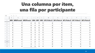 Una columna por ítem,
una fila por participante
26
 