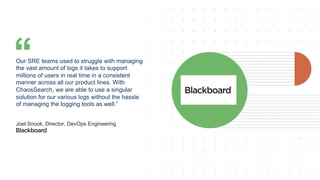 Image Goes
Here
Our SRE teams used to struggle with managing
the vast amount of logs it takes to support
millions of users in real time in a consistent
manner across all our product lines. With
ChaosSearch, we are able to use a singular
solution for our various logs without the hassle
of managing the logging tools as well.”
Joel Snook, Director, DevOps Engineering
ChaosSearch Replaces Elasticsearch for Log Analytics
Activate your cloud object storage to become a hot, analytical data lake.
 