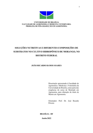ii
UNIVERSIDADE DE BRASÍLIA
FACULDADE DE AGRONOMIA E MEDICINA VETERINÁRIA
PRORAMA DE PÓS-GRADUÇÃO EM AGRONOMIA
SOLUÇÕES NUTRITIVAS E DIFERENTES COMPOSIÇÕES DE
SUBSTRATOS NO CULTIVO HIDROPÔNICO DE MORANGO, NO
DISTRITO FEDERAL
JOÃO RICARDO RAMOS SOARES
Dissertação apresentada à Faculdade de
Agronomia e Medicina e Veterinária da
Universidade de Brasília, como parte das
exigências do curso de Mestrado em
Agronomia, para obtenção do título de
Mestre em Agronomia.
Orientador: Prof. Dr. José Ricardo
Peixoto
BRASÍLIA - DF
Junho/2022
 