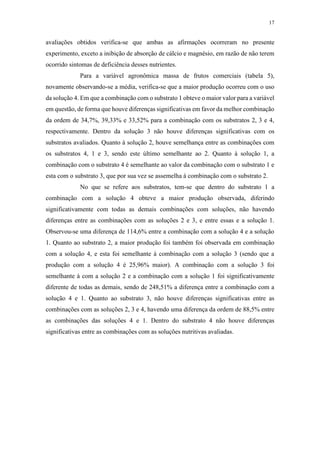 17
avaliações obtidos verifica-se que ambas as afirmações ocorreram no presente
experimento, exceto a inibição de absorção de cálcio e magnésio, em razão de não terem
ocorrido sintomas de deficiência desses nutrientes.
Para a variável agronômica massa de frutos comerciais (tabela 5),
novamente observando-se a média, verifica-se que a maior produção ocorreu com o uso
da solução 4. Em que a combinação com o substrato 1 obteve o maior valor para a variável
em questão, de forma que houve diferenças significativas em favor da melhor combinação
da ordem de 34,7%, 39,33% e 33,52% para a combinação com os substratos 2, 3 e 4,
respectivamente. Dentro da solução 3 não houve diferenças significativas com os
substratos avaliados. Quanto à solução 2, houve semelhança entre as combinações com
os substratos 4, 1 e 3, sendo este último semelhante ao 2. Quanto à solução 1, a
combinação com o substrato 4 é semelhante ao valor da combinação com o substrato 1 e
esta com o substrato 3, que por sua vez se assemelha à combinação com o substrato 2.
No que se refere aos substratos, tem-se que dentro do substrato 1 a
combinação com a solução 4 obteve a maior produção observada, diferindo
significativamente com todas as demais combinações com soluções, não havendo
diferenças entre as combinações com as soluções 2 e 3, e entre essas e a solução 1.
Observou-se uma diferença de 114,6% entre a combinação com a solução 4 e a solução
1. Quanto ao substrato 2, a maior produção foi também foi observada em combinação
com a solução 4, e esta foi semelhante à combinação com a solução 3 (sendo que a
produção com a solução 4 é 25,96% maior). A combinação com a solução 3 foi
semelhante à com a solução 2 e a combinação com a solução 1 foi significativamente
diferente de todas as demais, sendo de 248,51% a diferença entre a combinação com a
solução 4 e 1. Quanto ao substrato 3, não houve diferenças significativas entre as
combinações com as soluções 2, 3 e 4, havendo uma diferença da ordem de 88,5% entre
as combinações das soluções 4 e 1. Dentro do substrato 4 não houve diferenças
significativas entre as combinações com as soluções nutritivas avaliadas.
 