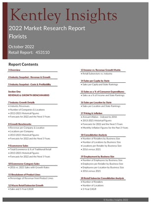 2022 Market Research Report
Florists
October 2022
Retail Report:
Report Contents
3 Overview 13 Income vs. Revenue Growth Matrix
• Retail Subsectors vs. Industry
4 Industry Snapshot - Revenue & Growth
14 Sales per Capita by State
5 Industry Snapshot - Costs & Profitability • Sales per Capita and State Rankings
15 Sales as a % of Consumer Expenditures
• Sales as a % of Income and State Rankings
7 Industry Growth Details 16 Sales per Location by State
• Industry Revenues • Sales per Location and State Rankings
• Number of Companies & Locations
• 2013-2021 Historical Figures 17 Pricing & Inflation
• Annual Inflation - Indexed to 2010
• 2013-2021 Historical Figures
8 Growth Benchmarks • Forecasts for 2022 and the Next 5 Years
• Revenue per Company & Location • Monthly Inflation Figures for the Past 3-Years
• Locations per Company
• 2013-2021 Historical Figures 18 Consolidation Analysis
• Forecasts for 2022 and the Next 5 Years • Number of Retailers by Business Size
• Number of Locations by Business Size
9 Ecommerce Sales • Locations per Retailer by Business Size
• Total Ecommerce & % of Traditional Retail • 2016 versus 2021
• 2013-2021 Historical Figures
• Forecasts for 2022 and the Next 5 Years 19 Employment by Business Size
• Number of Employees by Business Size
10 Ecommerce Category Sales • Employees per Retailer by Business Size
• 2016 vs. 2021 Sales with Growth Rates • Employees per Location by Business Size
• 2016 versus 2021
11 Breakdown of Product Lines
• Percentage of Revenue from Product Lines 20 Retail Subsector Consolidation Analysis
• Number of Retailers
12 Macro Retail Subsector Growth • Number of Locations
• Sales and 5-Year CAGR • 3-Year CAGR
© Kentley Insights 2022
REVENUE & GROWTH BENCHMARKS
453110
Section One
• Forecasts for 2022 and the Next 5 Years
Florists
Kentley Insights
 