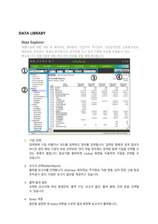DATA LIBRARY
Data Explorer
개별기업에 대한 개요 및 재무정보, 재무분석, 기업가치, 주가정보, 기업실적전망, 신용평가정보,
배당정보, 전자공시, 증권사 분석보고서, 공시자료, 뉴스 등의 다양한 정보를 조회할 수 있는
메뉴입니다. 개별기업에 대한 여러 가지 정보를 얻을 때에 편리합니다.
1. 기업 선택
검색창에 기업 이름이나 코드를 입력하고 엔터를 입력합니다. 입력된 항목의 검색 결과가
하나인 경우 해당 기업이 바로 선택되며, 여러 개일 경우에는 검색창 밑에 기업을 선택할 수
있는 목록이 열립니다. 돋보기를 클릭하면 Lookup 화면을 이용하여 기업을 선택할 수
있습니다.
2. 보고서 선택(Select Report)
출력될 보고서를 선택합니다. Overview, 재무정보, 주가정보, 자본 변동, 실적 전망, 신용 등급,
전자공시 등의 다양한 보고서 옵션을 제공하고 있습니다.
3. 출력 옵션 설정
선택한 보고서에 따라 변경되며, 출력 기간, 보고서 옵션, 출력 형태, 단위 등을 선택할
수 있습니다.
4. Query 버튼
옵션을 설정한 후 Query 버튼을 누르면 결과 화면에 보고서가 출력됩니다.
 