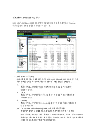 Industry Combined Reports
KRX, KOSPI, KOSDAQ, KSIC분류로 분류된 산업들의 기업 목록, 합산 재무제표, Financial
Ranking 등의 정보를 산업별로 조회할 수 있습니다.
1. 산업 선택(Select Sector)
보고서를 출력할 대상 산업을 설정합니다. KRX, KOSPI, KOSDAQ, KSIC, KIS-IC 분류에서
하위 항목을 선택할 수 있으며, 마우스로 클릭하여 대상 산업을 선택합니다.
A. KRX
증권선물거래소에서 지정한 KRX 섹터지수에 편입된 기업을 기준으로 한
산업분류 입니다.
B. KOSPI
증권선물거래소에서 지정한 KOSPI 산업별 지수에 편입된 기업을 기준으로 한
산업 분류입니다.
C. KOSDAQ
증권선물거래소에서 지정한 KOSDAQ 산업별 지수에 편입된 기업을 기준으로 한
산 업 분류입니다.
D. KSIC-9(Korea Standard Industry Code, 10차 한국표준산업분류)
통계청에서 발표하는 산업분류로써, 산업관련 통계자료의 정확성, 국가 간의
비교가능성을 확보하기 위해 유엔의 국제표준산업분류를 기초로 작성되었습니다.
통계청에서 통계자료를 분류할 때 이용하는 지표이며, 대분류, 중분류, 소분류, 세분류,
세세분류의 5단계 트리 구조로 구성되어 있습니다.
 