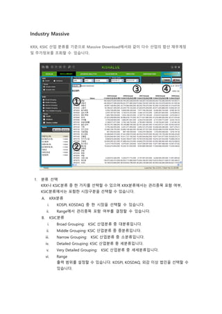 Industry Massive
KRX, KSIC 산업 분류를 기준으로 Massive Download에서와 같이 다수 산업의 합산 재무계정
및 주가정보를 조회할 수 있습니다.
1. 분류 선택
KRX나 KSIC분류 중 한 가지를 선택할 수 있으며 KRX분류에서는 관리종목 포함 여부,
KSIC분류에서는 포함한 시장구분을 선택할 수 있습니다.
A. KRX분류
i. KOSPI, KOSDAQ 중 한 시장을 선택할 수 있습니다.
ii. Range에서 관리종목 포함 여부를 결정할 수 있습니다.
B. KSIC분류
i. Broad Grouping: KSIC 산업분류 중 대분류입니다.
ii. Middle Grouping: KSIC 산업분류 중 중분류입니다.
iii. Narrow Grouping: KSIC 산업분류 중 소분류입니다.
iv. Detailed Grouping: KSIC 산업분류 중 세분류입니다.
v. Very Detailed Grouping: KSIC 산업분류 중 세세분류입니다.
vi. Range
출력 범위를 설정할 수 있습니다. KOSPI, KOSDAQ, 외감 이상 법인을 선택할 수
있습니다.
 
