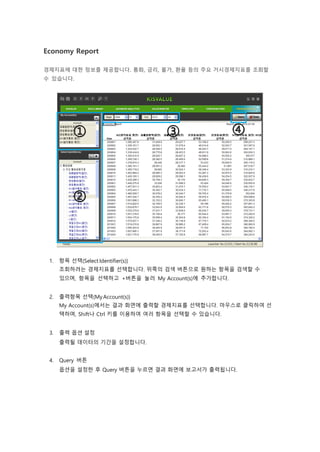 Economy Report
경제지표에 대한 정보를 제공합니다. 통화, 금리, 물가, 환율 등의 주요 거시경제지표를 조회할
수 있습니다.
1. 항목 선택(Select Identifier(s))
조회하려는 경제지표를 선택합니다. 위쪽의 검색 버튼으로 원하는 항목을 검색할 수
있으며, 항목을 선택하고 +버튼을 눌러 My Account(s)에 추가합니다.
2. 출력항목 선택(MyAccount(s))
My Account(s)에서는 결과 화면에 출력할 경제지표를 선택합니다. 마우스로 클릭하여 선
택하며, Shift나 Ctrl 키를 이용하여 여러 항목을 선택할 수 있습니다.
3. 출력 옵션 설정
출력될 데이터의 기간을 설정합니다.
4. Query 버튼
옵션을 설정한 후 Query 버튼을 누르면 결과 화면에 보고서가 출력됩니다.
 