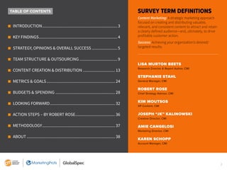2
Content Marketing: A strategic marketing approach
focused on creating and distributing valuable,
relevant, and consistent content to attract and retain
a clearly defined audience—and, ultimately, to drive
profitable customer action.
Success: Achieving your organization’s desired/
targeted results.
TABLE OF CONTENTS
m INTRODUCTION..................................................................... 3
m KEY FINDINGS........................................................................ 4
m STRATEGY, OPINIONS & OVERALL SUCCESS........................ 5
m TEAM STRUCTURE & OUTSOURCING................................... 9
m CONTENT CREATION & DISTRIBUTION.............................. 13
m METRICS & GOALS............................................................... 24
m BUDGETS & SPENDING....................................................... 28
m LOOKING FORWARD............................................................ 32
m ACTION STEPS – BY ROBERT ROSE..................................... 36
m METHODOLOGY................................................................... 37
m ABOUT................................................................................. 38
LISA MURTON BEETS
Research Director & Report Author, CMI
STEPHANIE STAHL
General Manager, CMI
ROBERT ROSE
Chief Strategy Advisor, CMI
KIM MOUTSOS
VP Content, CMI
JOSEPH “JK” KALINOWSKI
Creative Director, CMI
AMIE CANGELOSI
Marketing Director, CMI
KAREN SCHOPP
Account Manager, CMI
 