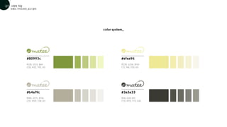 브랜드 가이드라인_로고 컬러
그래픽 작업
01
07
color system_
#80993c
R128, G153, B60
C58, M32, Y92, K0
R239, G234, B150
C12, M6, Y50, K0
R180, G175, B156
C35, M29, Y38, K0
R58, G58, B51
C76, M70, Y75, K42
#b4af9c
#efea96
#3a3a33
 