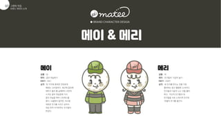 성별 : 여
취미 : 친구들과 다같이 놀기
MBTI : ENFP
성격 : 새 친구를 만드는 것을 가장
좋아하는 밝고 활발한 소녀이다.
친구들과 다같이 노는 것을 좋아
하고, 자신의 친구들과 새
친구들을 서로 소개시켜 친구로
만들어 주기를 즐긴다.
성별 : 남
취미 : 골프 연습하기
MBTI : INFJ
성격 : 한 가지에 꽂히면 진득하게
해내는 스타일이다. 최근에 골프에
재미가 들려 틈 날때마다 꾸준히
스크린 골프 연습장에 가서
골프 연습을 하며 스트레스를
푼다. 수줍음이 많지만, 속으론
새로운 친구를 사귀고 싶어서
내심 먼저 다가와주는 친구들이
반갑다.
● BRAND CHARACTER DESIGN
메이  메리
메이 메리
브랜드 캐릭터 소개
그래픽 작업
01
07
 