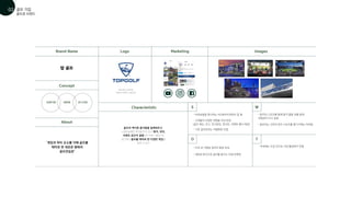 - 골프라는 고유의 정석 스포츠를 즐기기에는 어려움
- 음주와 스포츠를 함께 즐겨 돌발 상황 발생
위험성이 다소 높음
‘게임과 파티 요소를 더해 골프를
테마로 한 새로운 형태의
골프연습장’
트렌디한 세련된 유니크한
Marketing
- 미국 내 가맹점 점차적 확대 추세
- 국내에는 도입 전으로 기업 활성화가 안됨
Brand Name
Concept
Characteristic S
O
W
T
Logo Images
About
탑 골프
블루/화이트 컬러만을
사용하여 진취적인 느낌을 준다
골프의 색다른 즐거움을 일깨워주고,
스윙연습에만 목적을 두지 않고 레저, 파티,
이벤트 공간이 결합되어 여러 사람이 한
공간에서 골프를 테마로 한 다양한 게임을
즐길 수 있다
- 자유로움을 중시하는 MZ세대 타겟팅이 잘 됨
- 기존 골프장과는 차별화된 컨셉
- 고객들의 다양한 취향을 적극 반영
(골프 레슨, 리그, 토너먼트, 콘서트, 이벤트 행사 제공)
- 새로운 방식으로 골프를 즐기는 컨셉 마케팅
골프존 브랜드
골프 기업
01
02
 