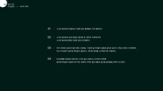 골프존 브랜드
골프산업
01
Insight
골프기업
02
골프존 브랜드
골프산업
01
Insight
골프기업
02
스크린 골프장과 연동되는 다양한 골프 플랫폼이 구축 예정이다.
스크린 골프장과 실내 연습장, 멀티방 등 ,목적과 타겟에 따라
스크린 골프에 관련한 다양한 공간이 존재한다.
01
02
MZ세대를 타겟팅한 트렌디한 스크린 골프 브랜드는 아직까지 부족해
골프에 부담없이 입문하고자 하는 잠재적 고객인 젊은 층들의 접근을 끌어들일 전략이 요구된다.
04
아직 국내에 도입되지 않은 해외 시장에는 다양한 놀거리들이 결합된 골프존 공간이 구축된 브랜드가 존재하며,
이는 MZ세대가 골프에 부담없이 입문하고, 색다른 재미를 느끼게하기에 부합하다.
03
 