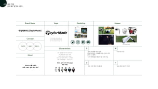 - 골프 용품 렌탈 서비스 진행
(저렴한 대여비로 신제품을 대여할 수 있게 하여
고객의 니즈 충족)
- 해당 브랜드 해외 시장 활성화 - 젊은 층들의 접근이 어려움
- 고객 취향에 맞게 제품 커스텀 디자인 가능
- 비싼 장비 가격
Brand Name
Concept
Characteristic S
O
W
T
Logo Marketing Images
About
기능적인 심플한 메탈우드
테일러메이드(TaylorMade)
‘메탈 우드를 이용한
미국 스포츠 장비 제조 회사’
흑과 백의 컬러를 이용하여 심플한 느낌.
taylor의 ‘T’부분을 우드처럼 보이게 하여
골프 브랜드임을 명확하게 알아볼 수 있다
최초로 금속 소재의 우드 클럽을
만든 브랜드
렌탈 플랫폼 ‘묘미’와의 협력으로
골프 클럽 렌탈 서비스 론칭
저렴한 대여비로 골프 제품을
부담스럽지 않게 대여하고, 신제품에
대한 문턱을 낮출 수 있을 것 같다
골프 웨어 및 장비 브랜드
골프 기업
01
02
 