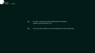 현장조사
골프산업
01
Insight
골프기업
02
01 복도 곳곳에 스크린존 홍보 배너, 골프웨어와 장비를 착용한 캐릭터 배너 활용으로
고객들에게 기업 아이덴티티를 강조할 수 있다.
02 고급스러운 공간 분위기 및 쾌적한 컨디션, 룸 서비스를 통해 브랜드의 프리미엄 이미지를 구축한다.
 