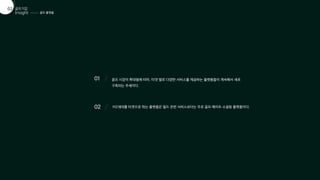 골프 플랫폼
골프산업
01
Insight
골프기업
02
01 골프 시장이 확대됨에 따라, 타겟 별로 다양한 서비스를 제공하는 플랫폼들이 계속해서 새로
구축되는 추세이다.
02 MZ세대를 타겟으로 하는 플랫폼은 필드 관련 서비스보다는 주로 골프 메이트 소셜링 플랫폼이다.
 