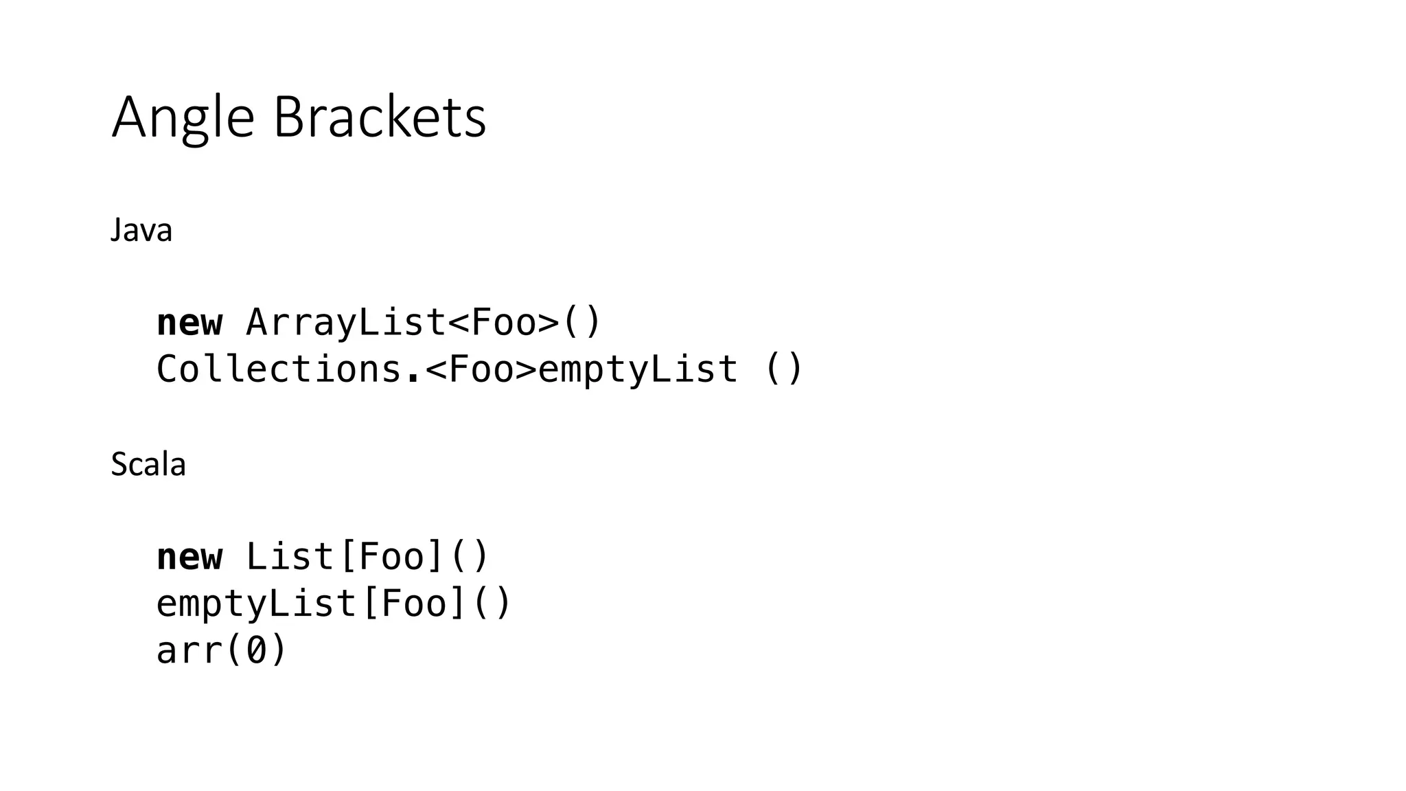 Angle Brackets
Java
new ArrayList<Foo>()
Collections.<Foo>emptyList ()
Scala
new List[Foo]()
emptyList[Foo]()
arr(0)
 