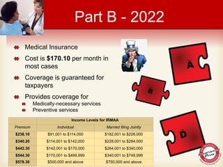 Part B - 2022
Income Levels for IRMAA
Premium Individual Married filing Jointly
$238.10 $91,001 to $114,000 $182,001 to $228,000
$340.20 $114,001 to $142,000 $228,001 to $284,000
$442.30 $142,001 to $170,000 $284,001 to $340,000
$544.30 $170,001 to $499,999 $340,001 to $749,999
$578.30 $500,000 and above $750,000 and above
Medical Insurance
Cost is $170.10 per month in
most cases
Coverage is guaranteed for
taxpayers
Provides coverage for
Medically-necessary services
Preventive services
 