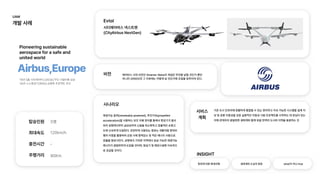Pioneeringsustainable
aerospaceforasafeand
unitedworld
Airbus,Europe
탑승인원

최대속도

충전시간

주행거리
Evtol
비전
시나리오
서비스
계획
INSIGHT
5명
-
80Km
120km/h
’19년5월시티에어버스(4인승)무인시험비행성공

’35년수소항공기(제로e)상용화프로젝트추진
에어버스 사의 비전인 Smarter Skies의 개념은 무엇을 날릴 것인가 뿐만
아니라 2050년과 그 이후에는 어떻게 날 것인가에 초점을 맞추어져 있다.
시티에어버스넥스트젠
(CityAirbusNextGen)
기존도시인프라에 원활하게 통합될수있는 편리하고지속가능한시스템을 설계지
상및공중이동성을 갖춘실용적인 이동성시범프로젝트를시작하는 데관심이 있는
이해관계자의 광범위한생태계와함께유럽전역의 도시와지역을 동원하는 것
항로에 따른편대비행 생태계와도심의 동원 what이 아닌how
재생가능동력(renewablypowered),추진가속(propelled
acceleration)을 사용하는 보조이륙장치를통해서항공기가 발사
되어 공항에서부터급상승하여소음을 최소화하고효율적인 순항고
도에 신속하게 도달한다.빈번하게 사용되는 항로는 새들처럼편대비
행의 이점을 활용하여순항시에 항력감소및적은 에너지사용으로
효율을 향상시킨다.공항에서가까운지역에서공급가능한재생가능
에너지가 광범위하게 도입될것이며,항공기및제반시설에 지속적으
로공급될것이다.
UAM

개발사례
 