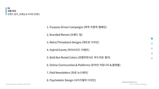 1.Purpose-DrivenCampaigns(목적 지향적 캠페인)


2.BrandedMemes(브랜드 밈)


3.Retro/ThrowbackDesigns(레트로 디자인)


4.HybridEvents(하이브리드 이벤트)


5.BoldButMutedColors(강렬하면서도 부드러운 컬러)


6.OnlineCommunities&Platforms(온라인 커뮤니티&플랫폼)


7.PaidNewsletters(유료 뉴스레터)


8.PsychedelicDesign(사이키델릭 디자인) 출처:https://www.tech42.co.kr/
01
시장조사
BrandDesign&NationalBrand HYUCommuniDesign
트렌드분석_브랜딩&디자인트렌드
 