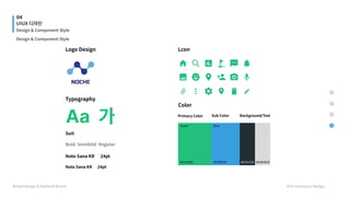 04
UIUX 디자인
Design & Component Style
Design & Component Style
Brand Design & National Brand HYU Communi Design
Logo Design
Noto Sana KR 24pt
Noto Sana KR 24pt
Typography
Aa 가
Suit
Bold Semibild Regular
Lcon
Color
#22C0&C
Green
Primary Color Sub Color Background/Text
#379FDD
Blue
#232C2E #D9D9D9
 