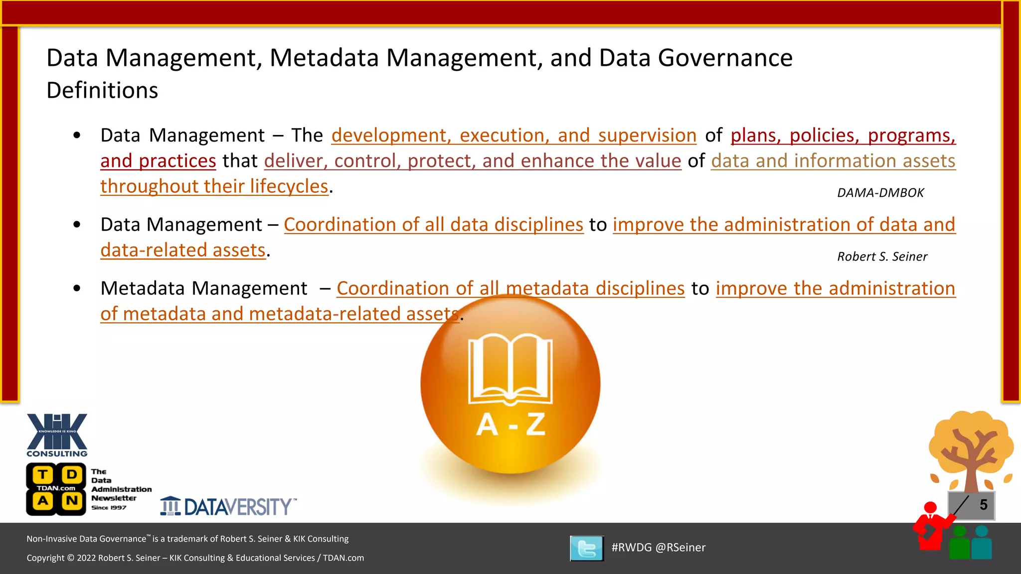 Copyright © 2022 Robert S. Seiner – KIK Consulting & Educational Services / TDAN.com
Non-Invasive Data Governance™ is a trademark of Robert S. Seiner & KIK Consulting
#RWDG @RSeiner
5
• Data Management – The development, execution, and supervision of plans, policies, programs,
and practices that deliver, control, protect, and enhance the value of data and information assets
throughout their lifecycles. DAMA-DMBOK
• Data Management – Coordination of all data disciplines to improve the administration of data and
data-related assets. Robert S. Seiner
• Metadata Management – Coordination of all metadata disciplines to improve the administration
of metadata and metadata-related assets.
Data Management, Metadata Management, and Data Governance
Definitions
 
